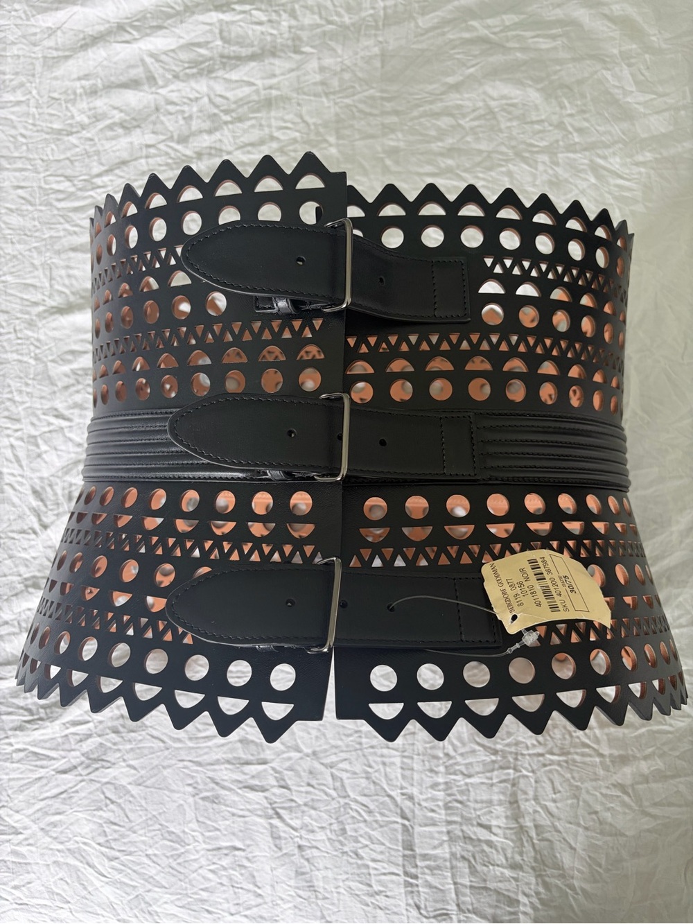 Alaïa Black Laser-Cut Wide Corset Belt with Triple Buckles